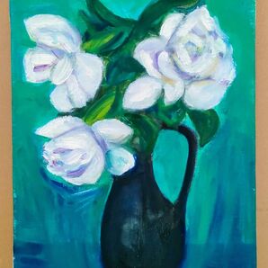 油彩画「白い花」F4 キャンバス