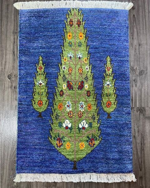 新品 ペルシャ絨毯 手織り ギャッベ リズギャッベ 青 生命の木