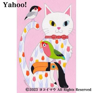 原画「白猫と小鳥のポップアート」イラスト/アート/絵画/コザクラインコ/文鳥/オニオオハシ/猫