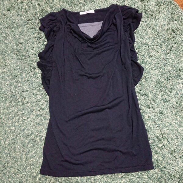 重ね着風 二段フリル ロングトップス カットソー 半袖 半袖Tシャツ Tシャツ