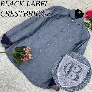 Y10 BLACKLABEL CRESTBRIDGE ブラックレーベルクレストブリッジ メンズ 男性 紳士 長袖 シャツ 長袖シャツ ブルー 青 ロゴ刺繍 麻混 美品 M