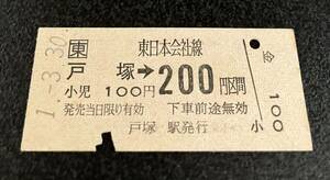 JR 硬券　乗車券 戸塚→200円区間　平成元年