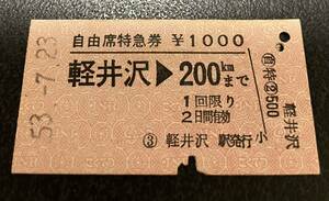 国鉄 硬券 自由席特急券　軽井沢→200kmまで 昭和53年