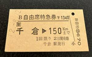 国鉄 硬券　自由席特急券　千倉→150kmまで 