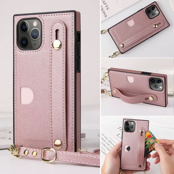 ピンク色iPhone14Pro ケースレザー風ショルダーベルト付可愛い