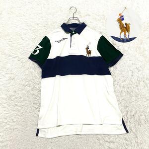 Polo by Ralph Lauren【希少デザイン】（LL）半袖ポロシャツ マルチカラー　ビッグポニー　刺繍ロゴ　グリーン　ネイビー　ホワイト