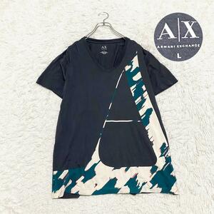 ARMANI EXCHANGE【激レアデザイン】（L）半袖Tシャツ　AXビッグロゴ　マルチカラー　ストレッチ素材　ブラック