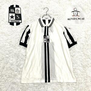 極美品　MUNSINGIEAR マンシングウェア（L）半袖ポロシャツ　刺繍ロゴ　ストライプ　ストレッチ素材　モノクロ　ゴルフ