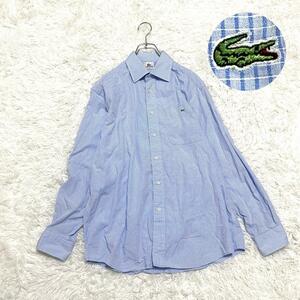  превосходный товар LACOSTE Lacoste (4/XL соответствует ) рубашка с длинным рукавом длинный рубашка серебристый жевательная резинка проверка вышивка wani Logo голубой большой размер 