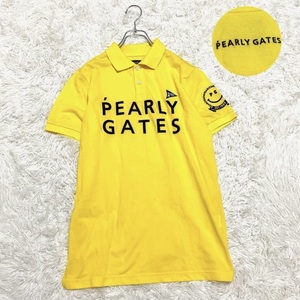 【超希少】PEARLY GATES 美品（5/Lサイズ）半袖ポロシャツ　スマイルロゴ　ビッグロゴ　刺繍ロゴ　ストレッチ素材　イエロー　ゴルフ
