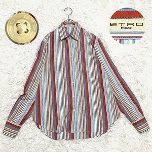 [ stamp button ]ETRO Etro (44/M corresponding ) long shirt long sleeve shirt stripe multicolor cotton asimeto Lee 