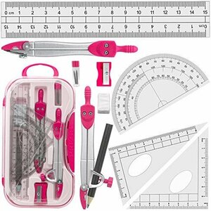 送料無料！ 半円分度器 算数Sｃｈｏｏｌ 三?定規 しゴム Cｏｍｐａｓｓピンク 幾何学コンパスセット、数学直定規