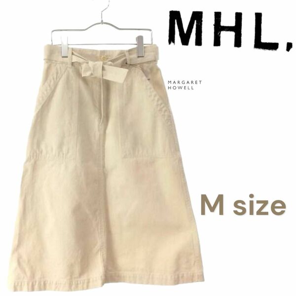 【美品】MHL. エムエイチエル ベルト 台形スカート アイボリー ミモレ丈 スカート S