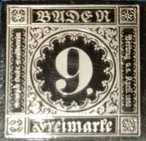 8 ドイツ バーデン大公国 9クロイツァー 青緑色切手 日本郵趣 協会 純銀製 エラー切手 希少な切手 1851年 嘉永4年 メダル コイン プレート