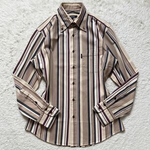 美品/バーバリーブラックレーベル【圧倒的存在感】BURBERRY BLACK LABEL 長袖BDシャツ ノバストライプ 刻印釦 ロゴタグ ベージュ 2 M位