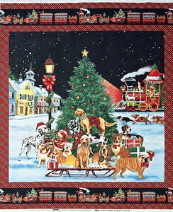 犬、蒸気機関車、クリスマスツリー クリスマス・タペストリー タータンチェック 90*110 SE-4734 コットンプリント生地