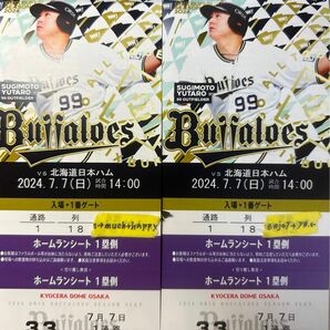 オリックスバファローズ　7月7日(日)VS北海道日本ハムファイターズ　18時試合開始　ホームランシート1塁側最前列2席連番