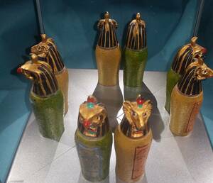 古代エジプト：カノポス壺 容器 守り神 全高約8cm 2種 ミイラ 副葬品 極彩色 置物 2405A/オクパナ