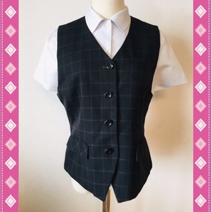 ※Aランク※【中古】en joie_15号ベスト(赤チェック)11040/アンジョア/かわいいOL制服/おしゃれ事務服/オールシーズン