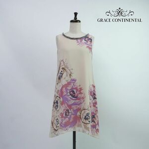 美品 GRACE CONTINENTAL グレースコンチネンタル ビジュー 花柄 ノースリーブAラインワンピース レディース ベージュ サイズ36*PC428