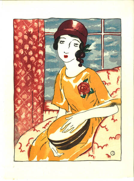 真作保証 竹久夢二 木版画 マンドリーヌ 初版 昭和中期 大正ロマンを代表する夢二式美人を是非木版画でご堪能下さい!!