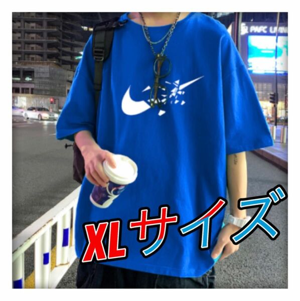 【セール品】センターロゴ プリント Tシャツ ブルー 韓国 メンズ XLサイズ