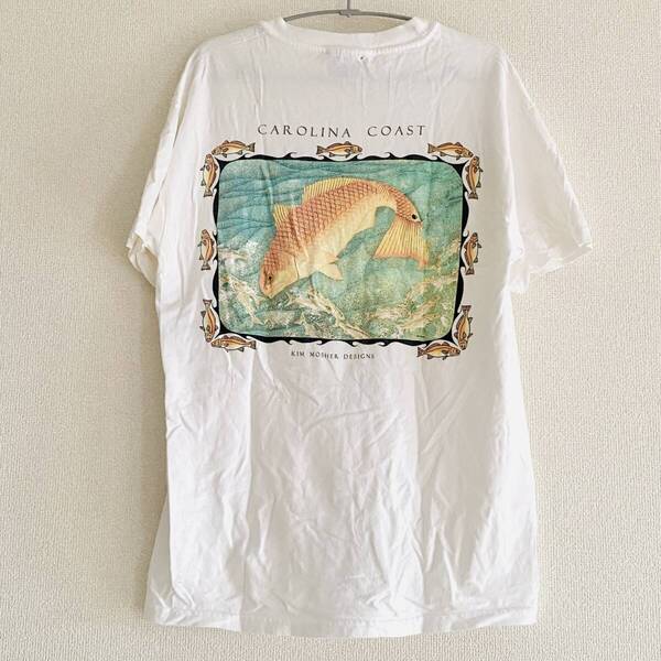 【古着】KIM MOSHER DESIGNS バックプリント ポケット Tee ホワイト M CAROLINA COAST Hanes ヘインズ Tシャツ 釣り