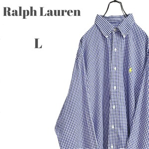 Ralph Lauren ラルフローレン 長袖ボタンダウンシャツ イエロー 刺繍ロゴ ブルー チェック メンズ Lサイズ