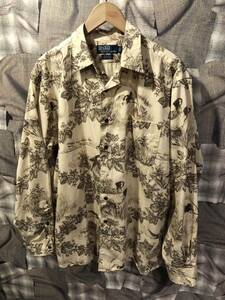  Polo Ralph Lauren ポロラルフローレン Hunting Dog Print L/S Shirt 90年代 ★ 90’ｓ　狩猟犬 長袖シャツ サイズL ベージュ　FK