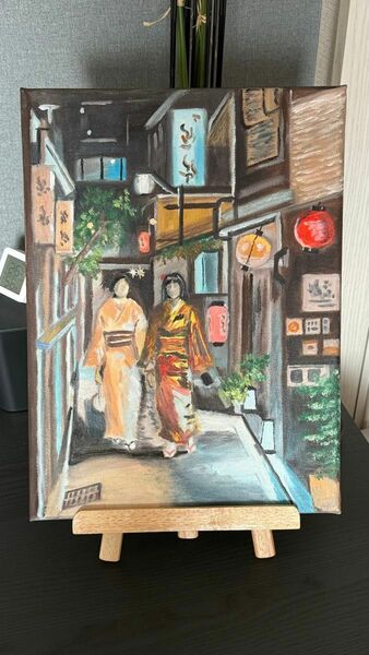 「京都の路地裏」　手描き　油絵　風景画　原画