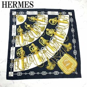 HERMES エルメス バンダナ スカーフ 紺 白 ネイビー ホワイト ゴールド 90 B6718