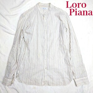 最高級生地 ロロピアーナ Loro Piana イタリア製 リネン 麻 白 ブルーストライプシャツ 長袖 清涼感 刻印入りボタン パール調 ロゴ刺繍