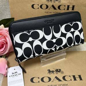 コーチ COACH 長財布 財布 アコーディオン ウォレット シグネチャー キャンバス 白黒 メンズ 財布 ラウンドジップ 新品 CP230 A338 