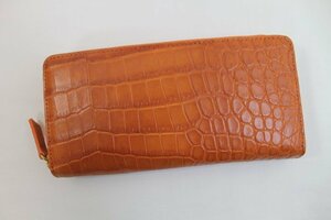 【新入荷】 クロコダイル 長財布 本物 オレンジ ラウンド ヘンローン社製 マット仕上げ ゴールド金具
