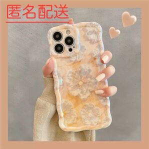 iPhone 15 スマホケース　シリコン　可愛い　花柄　油絵風　おしゃれ　韓国　うねうね　アイフォン カバー　オレンジ
