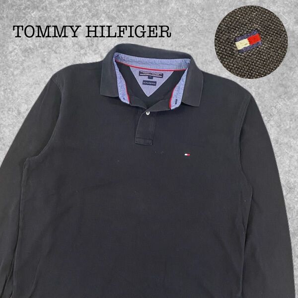 24A-387★TOMMY HILFIGER トミーヒルフィガー★ブラック黒色 ロゴ刺繍 長袖 鹿の子 ポロシャツ XL