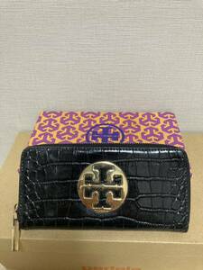  Tory Burch TORY BURCH purse change purse . coin case round fastener Logo leather black black 