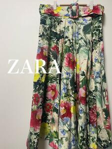 ZARA ザラ　花柄　大柄　ロング　スカート　共布ベルト付き