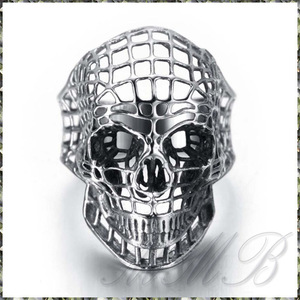 [RING] Silver Hollow Out Skull Biker Ring スケルトン メッシュ 骸骨(ガイコツ) スカル シルバー バイカー リング 30号