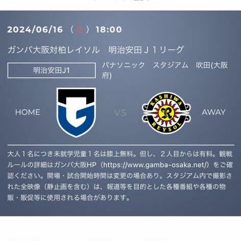 【ペアチケット　ほぼ真ん中】6/16(日) ガンバ大阪　対　柏レイソル　サッカー試合　カテゴリー2指定席　2枚　当日価格10600円