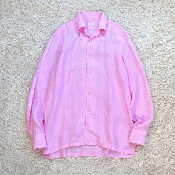 【美品】バルバ/BARBA リネン100% 長袖シャツ　ストライプ　開襟　ピンク