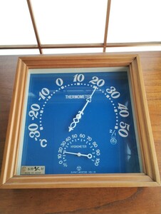 ヴィンテージ　温度計　サーモメーター　桜　さくら材　日本製　木製　木枠　ブルー　青　湿度計　ハイグロメーター　壁掛け　温湿度計
