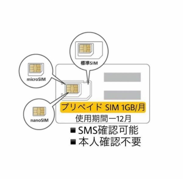 SoftBank回線 データ プリペイド SIM 毎月1GB 1年間有効 SMS 受信 認証 可能