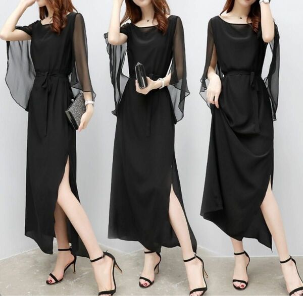 XL ワンピース　黒　フォーマル シフォン　ドレス シースルー　ロング b1