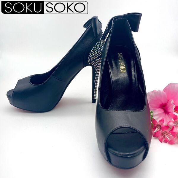 ☆★美品★☆【SOKU SOKO】ソクソコヒールパンプス ビジュー オープントゥ サンダル レディース