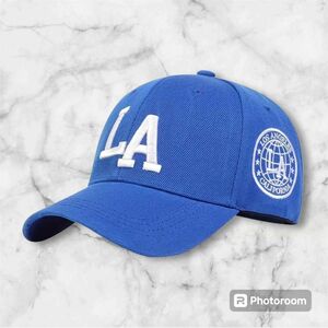 【キャップ】 男女兼用 ベースボールキャップ LA 刺繍入り野球帽 ユニセックス帽子 帽子 ロサンゼルス 刺繍キャップ ブルー 白