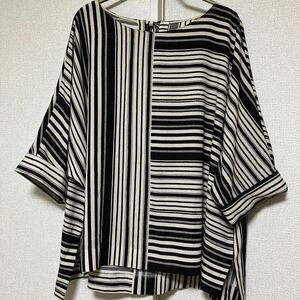 [7 discount ] large super-beauty goods *MOGA* washer bru*7 minute sleeve blouse F black ×.-ju change stripe 