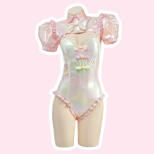  этот сезон самый новый продукт Leotard купальный костюм L размер тент грамм глянец булавка g/ белый грудь накладка ввод костюмированная игра короткий рукав форма маскарадный костюм фотосъемка 