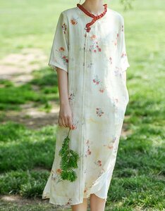 春夏 麻ワンピース XL レトロ エレガントな花柄 100％ラミー ロング丈 裏地付き 五分袖 薄手 優しい 体型カバー ゆったり