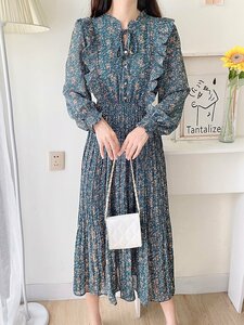 シフォンワンピース ワンピース ロングドレス 花柄 フリル 長袖 プリント レディース 爽やか 春夏秋 お洒落 30代 40代 50代 M